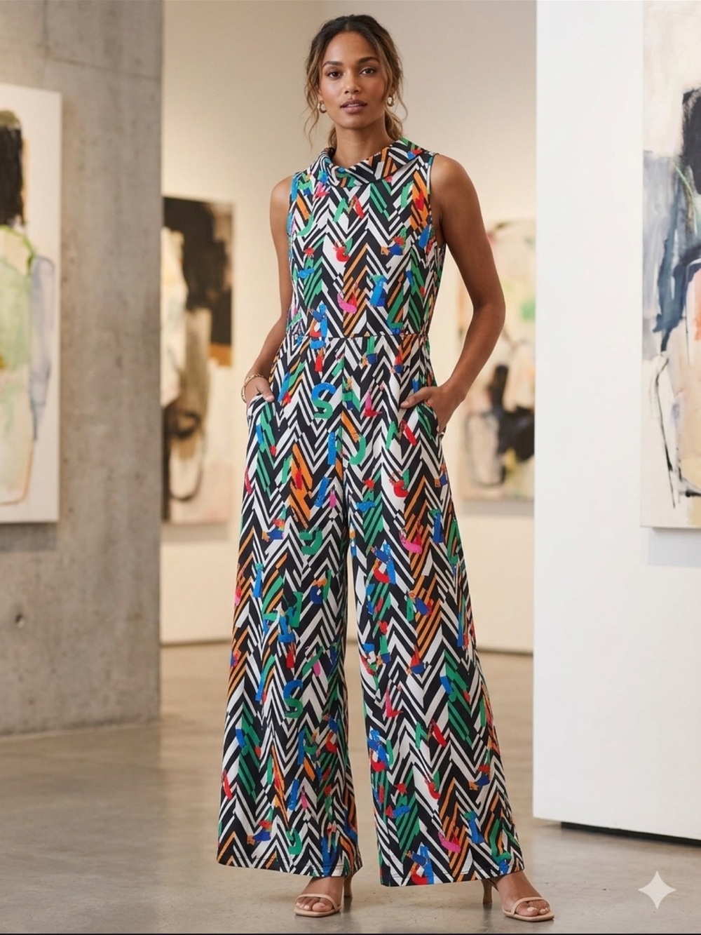 Sleeveless Wide-Leg Graphic Print Jumpsuit - Multi